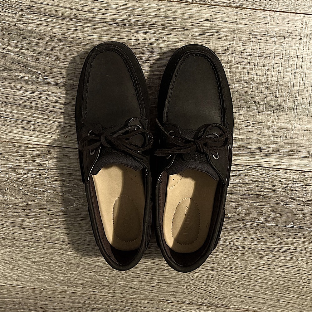Women’s Black Sperry Bluefish Two-Eye Boat Shies Flat Heel Genuine Leather